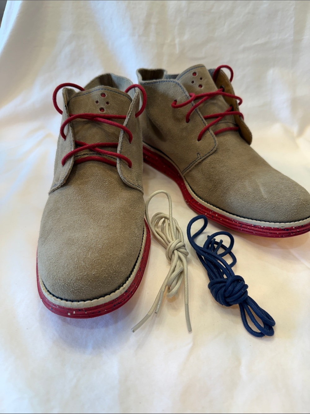 Cole Haan Patriotic Taupe Suede Chukka Boots with Red Accents